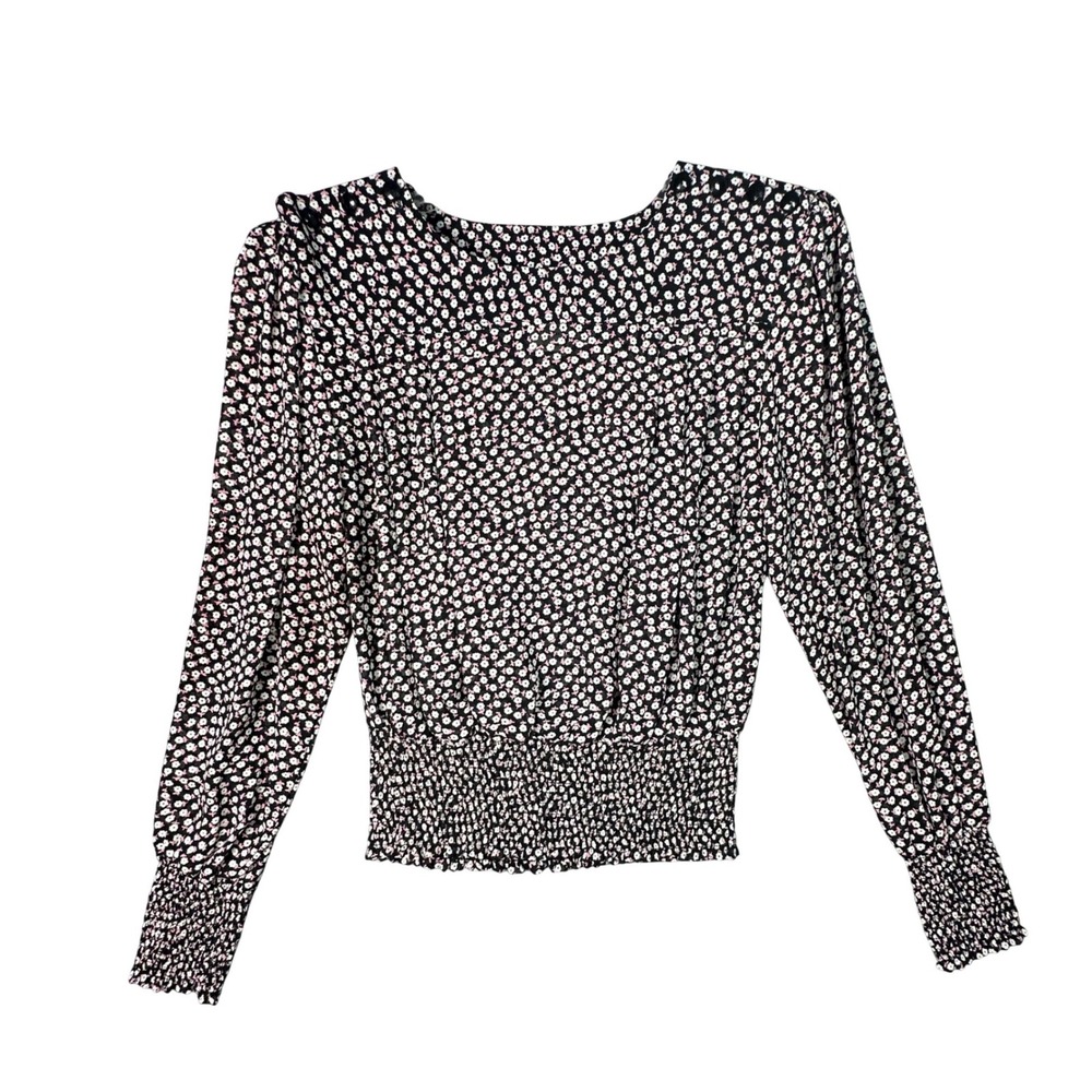 Nicola Floral Smocked Waist Blouse Shoulder Pads Vintage Aesthetic Size S Black